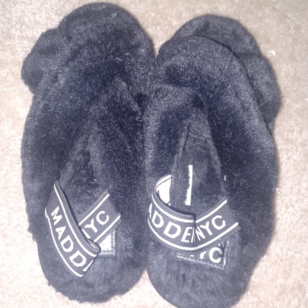 Madden NYC Black Fuzzy Slippers